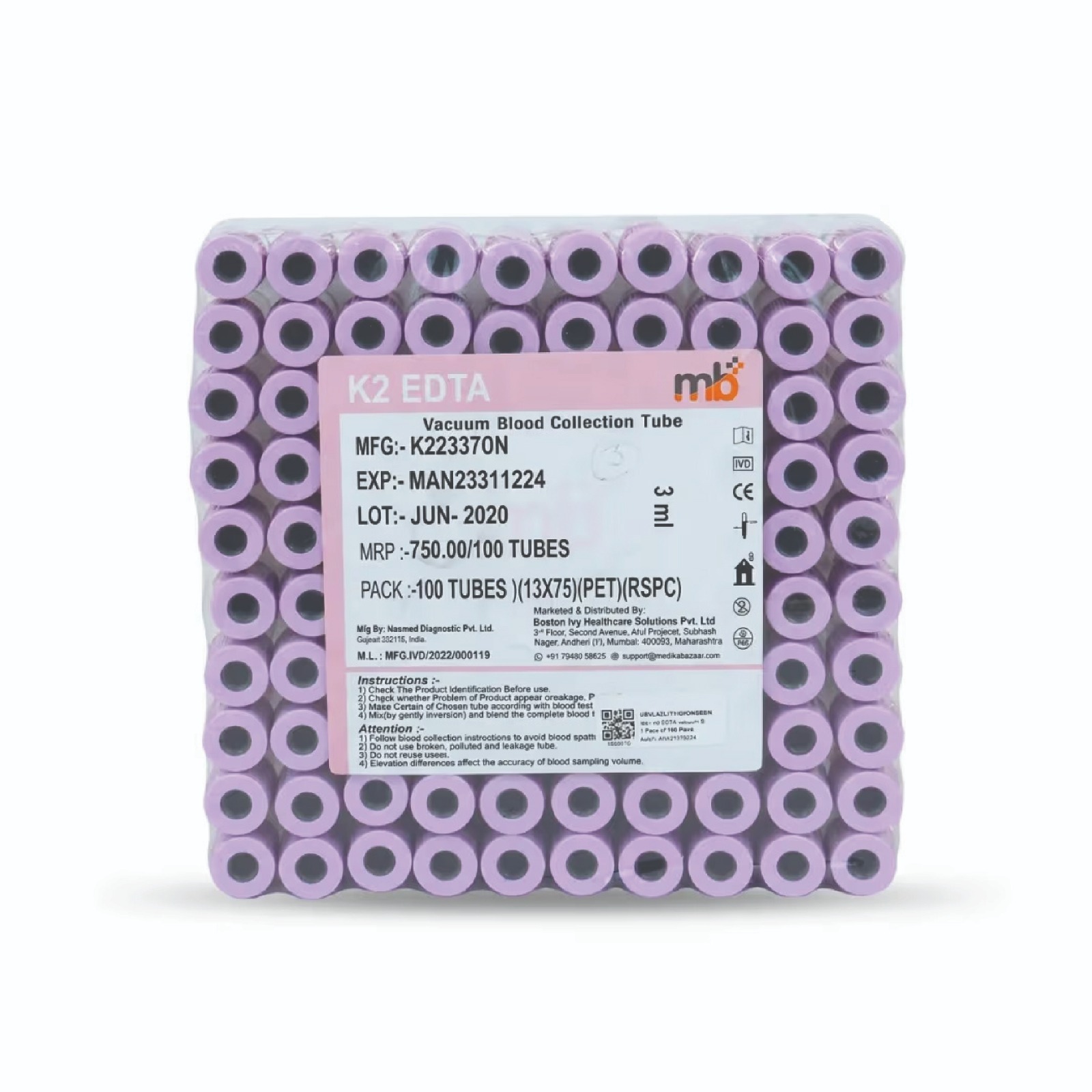 MB + K2 EDTA Vacuum Blood Collection Tubes – 2 ml (13 x 75 mm, Pack of 100)