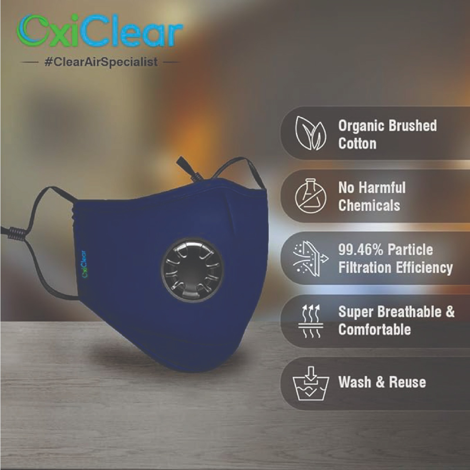 Oxicilar N99 Anti-Pollution Reusable Face Mask with 4 Activated Carbon Filters & Detachable Headband – Royal Blue (1 Pc)